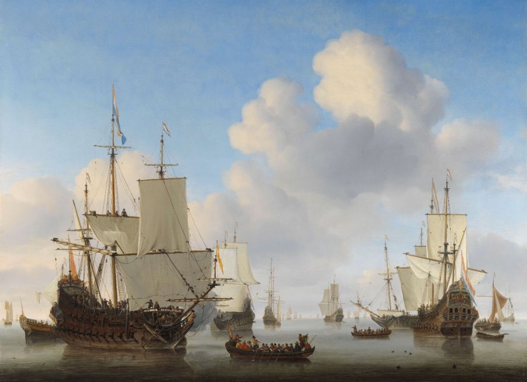 Hollandse schepen op een kalme zee.