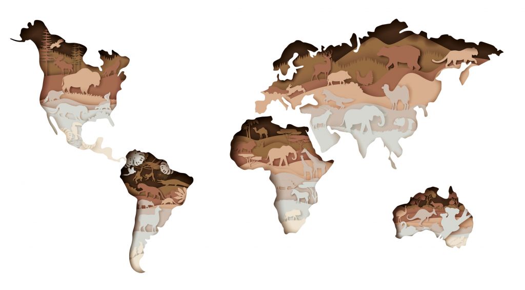 Dieren wereldkaart aarde tinten