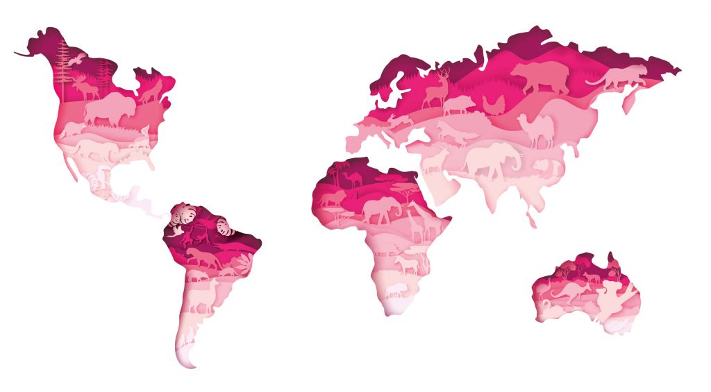 Dieren wereldkaart roze tinten